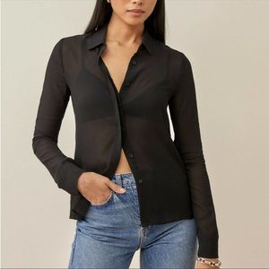 REFORMATION Violet Top Sheer Button Down Blouse Long Sleeve Black Size S